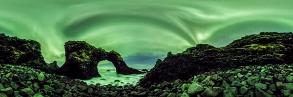 Auroras Over Gatklettur Sea Arch - 360 Panorama